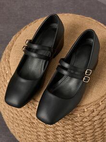 MonaNise 女士5厘米布面包跟时尚金属星空黑色玛丽珍粗跟平底鞋 - 黑色 - 查看 4