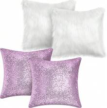 4 Pcs Sequin And Fluffy Pillow Covers Winter Throw Pillow Cases Soft Cushion Cover Couch Bed Sofa (18 X 18 Inch, Pink, White) - 白色,紫色 - 查看 8