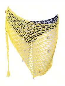 Women's Swimwear Triangle Wrap, Fishnet Solid Color Shells Swimsuit Skirt Bikini Cover-Up Shawl, Summer Beach Cover Up Holiday Streetwear Summer Fall Birthday Gifts - 黃色 - 查看 5
