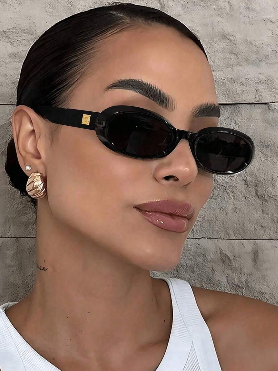 1pc New Small Frame Oval Fashion Glasses, Retro Street Style Versatile Personalized Glasses For Women For Summer Beach Vacation, Outdoor, Travel  Plain    Casual    PC    None - Black - View 1