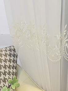 1pc White Luxury Beaded Embroidered Sheer Curtain, Translucent, Suitable For Living Room, Bedroom, Balcony, Office, Home Decor, All Seasons - White - View 5