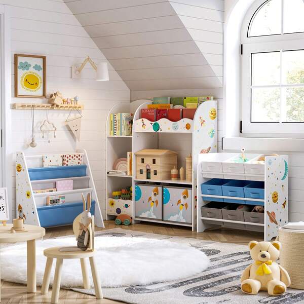 Estantería de Juguetes, Librería Infantil, Armario para Dormitorio con 2 Cajas para Juguetes, Sala de Juegos, Sala de Estar, Gris Paloma/Blanco/Blanco Nube