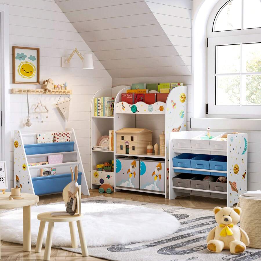 Estantería de Juguetes, Librería Infantil, Armario para Dormitorio con 2 Cajas para Juguetes, Sala de Juegos, Sala de Estar, Gris Paloma/Blanco/Blanco Nube - Blanco - Ver 1