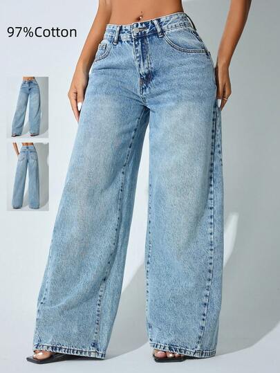 Calça Denim Feminina de Cintura Baixa e Perna Larga