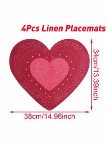 4pcs Red Valentines Day Heart-Shaped Linen Placemat, Embroidered Red Gillter Heart With Sequins Design Valentines Table Mats, Waterproof, Easy To Clean,Durable Tabletop Decoration, Dining Table Decoration, Table Centerpieces,Suitable For Home, Restaurant And Cafe,Holiday Wedding Decor