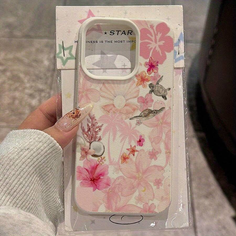 Hibiscus Coconut Turtle Pattern Lychee Grain Ivory White Phone Case Suitable For Apple  17 16 15 14 13 12 11 Plus Pro Max Series, Personality Ins Style Protective Cover Fashionable Minimalist Design With Adorable Images.High Aesthetic SenseGIF-FOR-YOU - 款式1 (1PC) - 查看 1