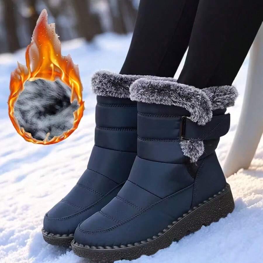Women's Mid-Calf Boots Suitable For Wearing In 4 Seasons. New Winter Style Fleece-Lined Warm Boots, Non-Slip And Wear-Resistant, Comfortable Casual Shoes, Fashionable Fleece-Lined Thickened Warm Shoes, High-Top Platform Boots. - 藏蓝色 - 查看 1