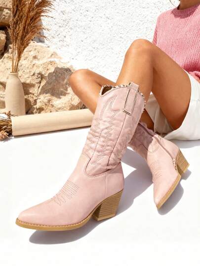 Bottes de cowboy pour femme de haute qualité avec talon épais style punk Y2K bottes mi-mollet pour style vestes pour femme