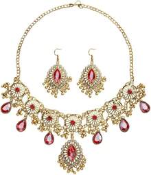 Retro Hollow Out Jewellery Set Traditional Bridal Choker Necklace Earring Women Bollywood Statement Boho Exaggerated Antique Oxidized Beads Tassel Classic Wedding Party - 紅色 - 查看 6