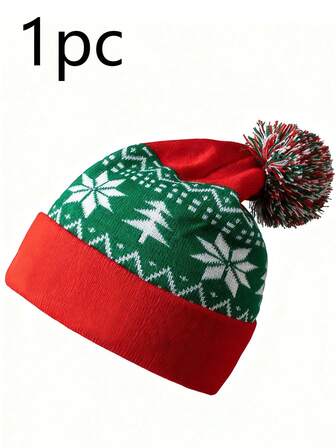 1pcKnitted Hat Wool Hat Christmas Hat Jacquard Pom Pom Knitted Hat Wool Hat, Fashionable Winter Christmas Knitted Snowflake Hat With Pom Pom Flip Brim Cold Hat, Suitable For Boys And Girls