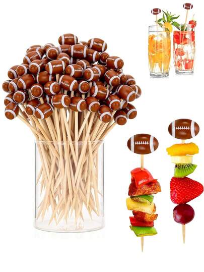 100pcs-Football-Shaped Cocktail Picks, Decorative Toothpicks For Appetizers, Football-Ended Cocktail Skewers Wooden Decorative Fruit Toothpicks, Fruit Sandwich Buffet Party Supplies Long Bamboo Toothpicks, Fruit Toothpicks For Sandwich Buffet Parties Party Supplies - Holiday Birthday Party Decorations