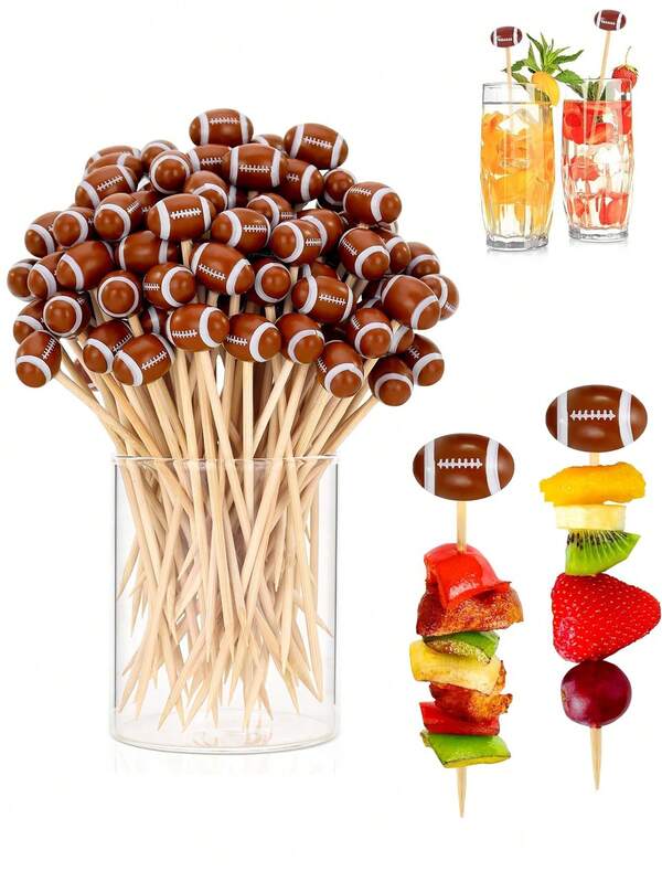 100pcs-Football-Shaped Cocktail Picks, Decorative Toothpicks For Appetizers, Football-Ended Cocktail Skewers Wooden Decorative Fruit Toothpicks, Fruit Sandwich Buffet Party Supplies Long Bamboo Toothpicks, Fruit Toothpicks For Sandwich Buffet Parties Party Supplies - Holiday Birthday Party Decorations