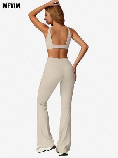 MFVIM Sports Set, Deep Neck Padded Wireless BH High Waist Flared Stretchy Pants, Slimming Wide Leg, Yoga, Pilates, Running, Com Tafel Skin Friendly Wear view 3