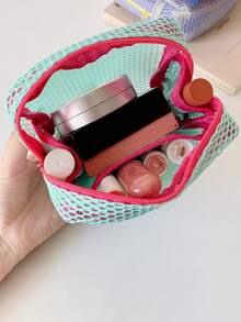 Women's Square Mesh Cosmetic Bag Dopamines Color Toiletry Organizer With Removable Handle And Zippered Closure For Travel - 淺綠色 - 查看 6