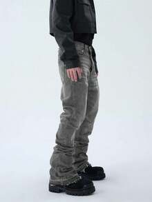 直筒喇叭牛仔裤，百搭时尚水洗牛仔裤，棉质斜插口袋长裤