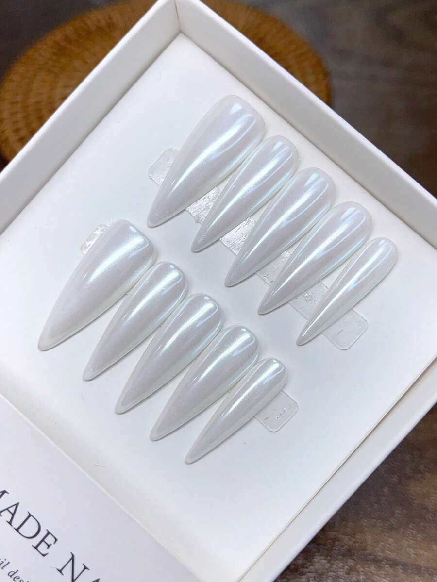 10 Móng Tay Giả Thủ Công Nguyên Chất, Gót Cao Mỏng, Sơn Tay Màu Trắng Ngọc Trai, Móng Màu Trơn, Móng Cao Cấp Thanh Lịch, Móng Giả Che Phủ Toàn Bộ, Móng Phong Cách Y2K, Móng Dán, Dụng Cụ Làm Móng