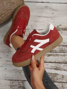 Women's New Lace-Up Colorblock Element Sneakers, Modern Fashionable Elegant Outdoor Street Campus Casual Sports Shoes - Red - View 1