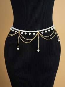 17KM 1pc Simple Fashion Multi-Layer Tassel Faux Pearl Retro Bohemian Waist Chain, Suitable For Women, Couples, Vacation, Date, Daily Casual, Party, Wedding Dress, Christmas Gift - Yellow Gold - View 10