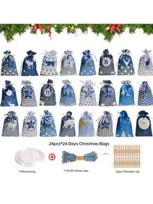 24 个圣诞节降临节礼品袋 DIY 日历挂袋格子抽绳袋袜子储物袋礼物圣诞礼品袋派对礼品袋，24 个日历挂袋格子抽绳袋储物袋礼物圣诞礼品袋派对礼品袋，适用于婚礼、生日、礼物、父亲节、感恩节、圣诞节、新年、节日礼物、圣诞节 - 彩色 - 查看 8