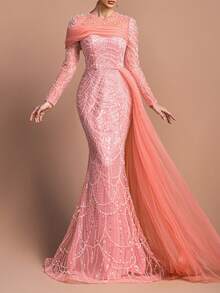 女士优雅长袖圆领串珠长款晚礼服 - 珍珠点缀领口，不对称雪纺垂褶和修身鱼尾裙摆 | 完美适用于正式派对、盛会和婚礼 | 搭配璀璨珠宝和细带高跟鞋 - 珊瑚橙 - 查看 6