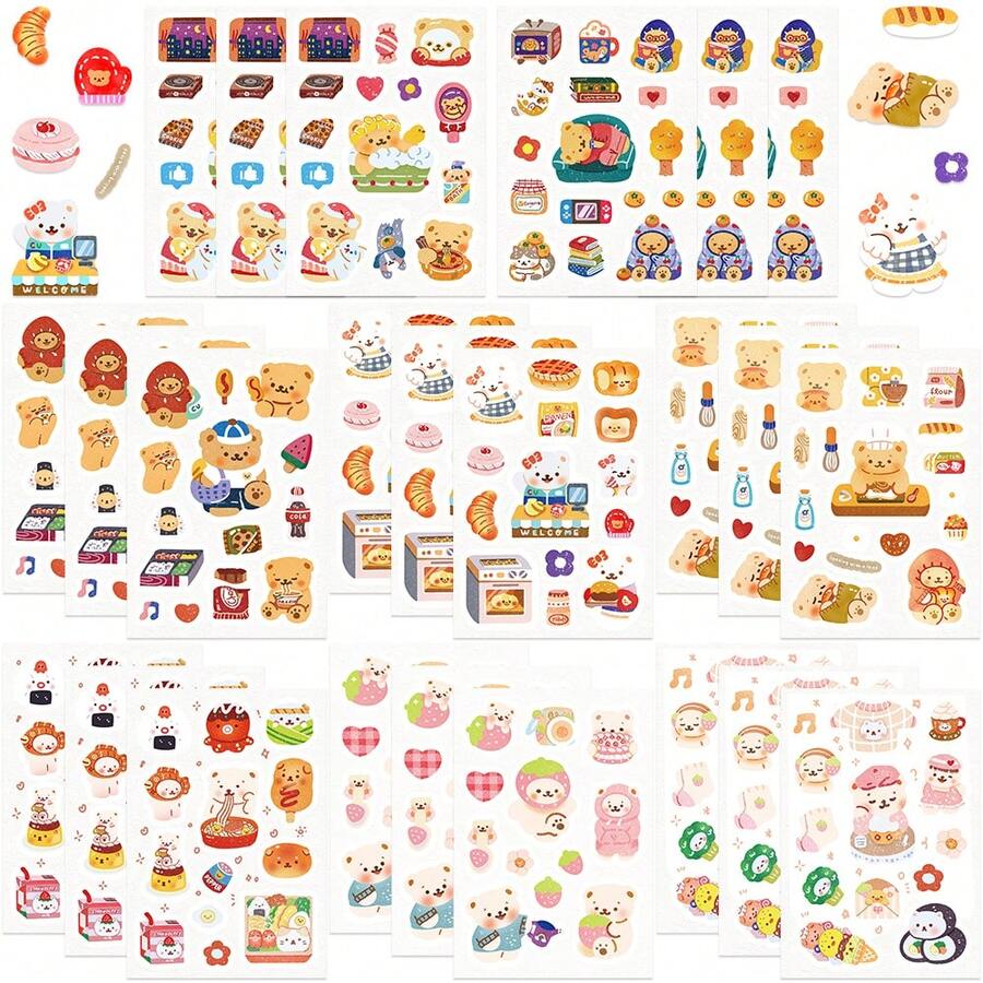 8pcs Little Bear Daily Stickers Cute Cartoon Animals Decal DIY Scrapbook Guitar Luggage Bottle Surfboard Stickers For Teens Gift - Multicolor - View 1