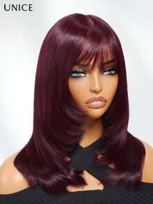 UNice Bye-Bye Knots™ 7x5 Lace Closure Wig Black Cherry Layered Wolf Cut With Wispy Bangs Drawstring Wig Face-Framing Layer Cut Straight Bob Wig Invisible Knots Put On And Go Glueless Human Hair Wigs 150% Density - Màu hợp thời trang - Xem 4