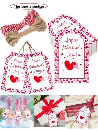50/25pcs Valentine's Day Happy Label, With Jute Rope, Greeting Cards, Invitations, Gift Packaging, Valentine's Day Gift Label, Jewelry Gift Label, Heart-Shaped Pattern With The Words "Happy Valentine's Day" Printed On It, Can Be Used In Cake Shops, Restaurants, Boutiques, Stores, Etc. Suitable For Wrapping Gifts, Festival Presents, Valentine's Day Surprises, Etc.
