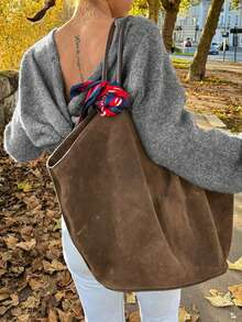 Joy针织返校休闲性感百搭基础款上衣，V领扭结露背交叉宽松圆领长袖套头毛衣，适合办公室、外出、旅行机场、新年、圣诞节等春季穿着。 - 深灰色 - 查看 2