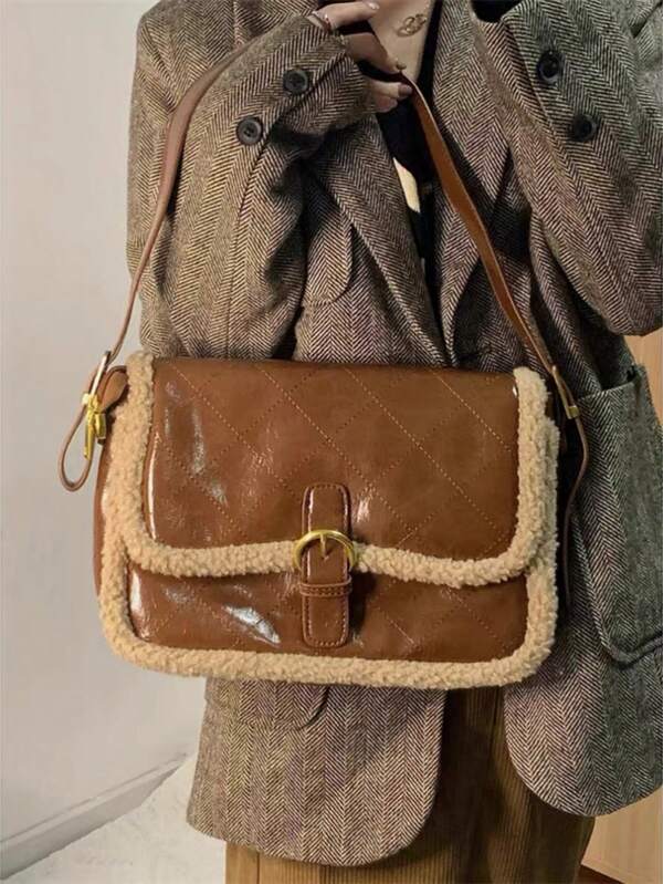 Borsa marrone di alta qualità e alla moda con pelliccia, nuova borsa retrò da portare sotto il braccio del 2025, borsa a spalla in lana di pecora, borsa a tracolla di nicchia