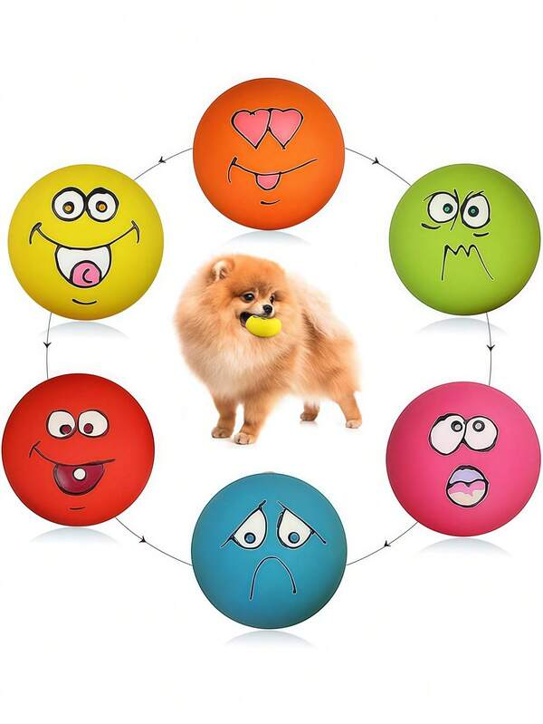 Cute Smiling Face Dog Toy With Soft, Mini, Latex Sound Ball, Suitable For Puppies And Small Dogs, 6 Pieces/Set