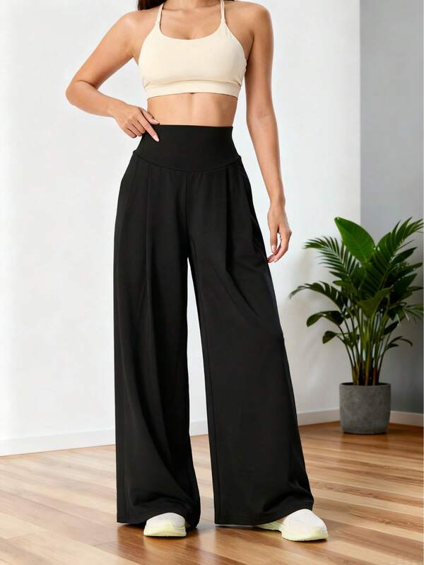 Pantalones deportivos casuales de cintura alta y corte holgado para mujer, cómodos para entrenamiento, yoga, fitness, pantalones de chándal de pierna ancha negros, joggers rectos de gimnasio