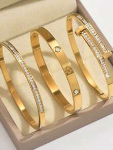 3pcs Set Bracelet, Golden Stainless Steel Bracelet Set Stainless Steel Bracelet Men And Women's Four Seasons Personalized Design Heart Zirconia Bracelet Jewelry Accessories Gifts, Jewelry Gold Jewelry Jewelry Women Bracelets Accessories