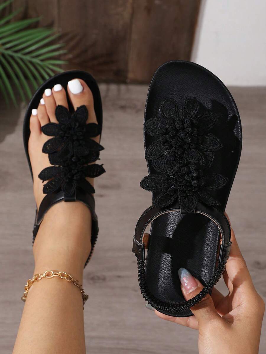 Dép xăng đan nữ thanh lịch, họa tiết hoa đen, phong cách cổ tích mùa hè, thiết kế hở mũi, chất liệu vải ở mặt trên và lớp lót, đế ngoài chống trơn trượt, đế trong bằng sợi microfiber - phù hợp với bàn chân rộng, dép xỏ ngón.