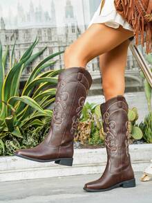 女士棕色V型高筒靴，复古修身刺绣西部牛仔靴，2025秋冬款 - 咖啡棕 - 查看 6