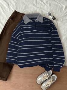 Women's Long Sleeve Clashing Stripe Sweater, POLO Neck Drop Shoulder Loose Top, Street Fashion Vacation Winter For Women, Going Out Tops Women, Thanksgiving For Women, Christmas Sweater.