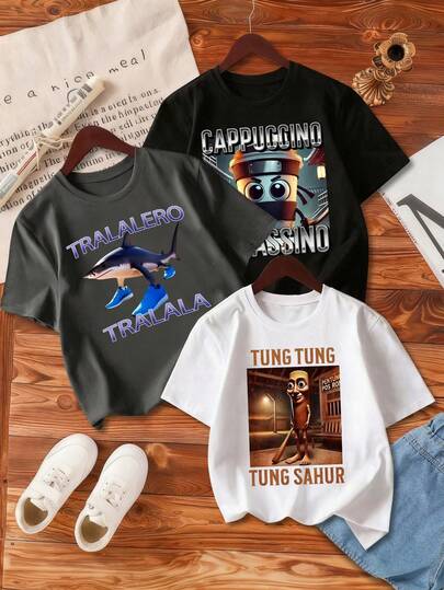 3pcs/Set Young Boy Cartoon Letter Print Round Neck Casual Versatile Short Sleeve T-Shirts