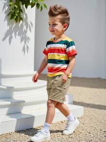 4-8岁男童彩色条纹上衣和卡其色短裤套装，轻便舒适，适合游乐场、海滩和日常穿着
