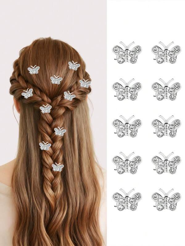 10pcs Bohemian Style Rhinestone Decorated Alloy Butterfly Hair Clips, DIY Braiding Hair Rings, Braids Decor Hair Clips, Suitable For Women Daily Long Hair Decor, Braiding Hairstyles, Retro Viking Hair Accessories