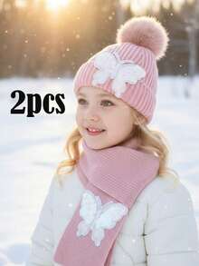 مجموعة قبعة وأوشحة مزينة بالترتر على شكل فراشة للأطفال البنات، مجموعة إكسسوارات شتوية دافئة - 2 قطعة - مشاهدة 4