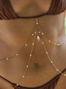 1pc Gold Sexy Bikini Body Chain, Faux Pearl Delicate Waist Chain, Club Party Jewelry For Women - 金子 - 查看 10