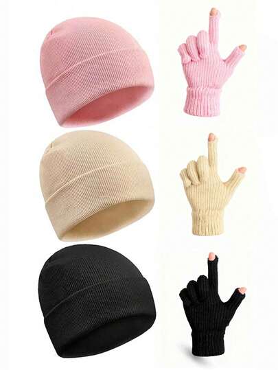 Set de 6 piezas de gorro de punto y guantes con pantalla táctil para niños, regalo de gorro y guantes lindos de invierno