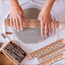JOJOCY Clay Rollers Textured, Wooden Hand Rollers Clay Modeling Pattern Rollers Kit Foliage Barks Ripples Stars Pebbles Swflake Ceramic DIY Tools Pottery Stamp Roller For Pasta (Set 2) - 第一組 - 查看 6