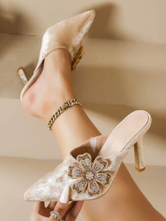 Women's Apricot Velvet Crystal Flower Decor Pointed Toe Stiletto High Heels, European And American Style For Party And Evening
