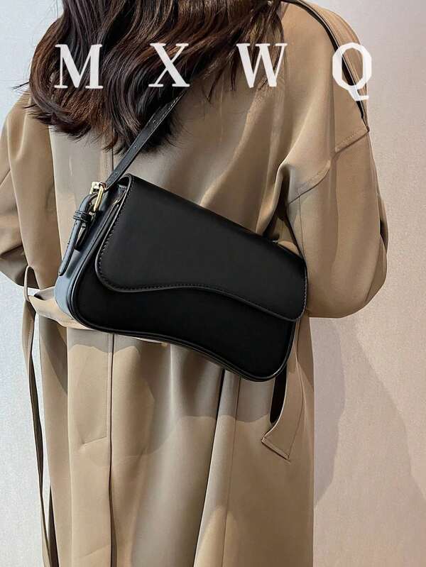 Bolso Cuadrado Con Solapa Minimalista Old Moeny, Bolso Debajo Del Brazo De Solapa De Color Sólido Simple, Bolso De Piel Sintética Texturizada Y Versátil De Moda