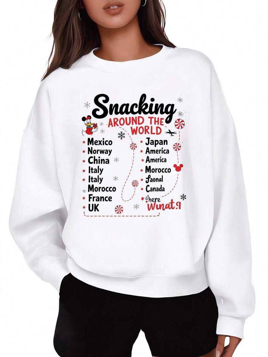 Disney Oversized Sweatshirt Black Snacking Around The World Mickey Mouse Countries List Print Casual Everyday Wear - 白色 - 查看 1