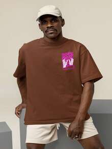 Oversized T-Shirt, High Neck, Streetwear, 100% Cotton, Urban Style, Casual Workout, Black,  And Brown, Printed, Large Fit - 棕色和粉紅色 - 查看 2