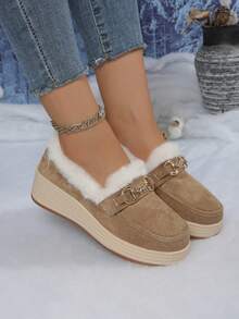 Botas de neve femininas com plataforma e sola grossa, detalhes em metal, mocassins sem fecho, calçados casuais confortáveis e quentes para o inverno, botas com forro de pele. - Caqui - Ver 2