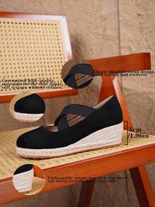 女士时尚黑色绒面透气休闲度假绳编坡跟厚底鞋 - 黑色 - 查看 6