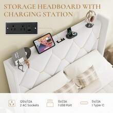 SHA CERLIN Full/Queen/King Velvet Upholstered Bed Frame With Charging Station, Modern Wingback Storage Headboard, Diamond Stitched & Gold Trim, No Box Spring Needed, Easy Assembly, White - Xem 3