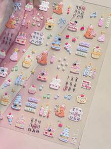 1 Schleife süße Happy Birthday Kuchen Nagelkunst Sticker, beinhaltet Teddybär, Kerze, Zahlen, Desserts, Sterne, Fliege und Strass, 5D stereoskopische Nail Decals, selbstklebend, geeignet für Frauen Feiertags-DIY Maniküre - Verschiedenfarbig - Übersicht 8